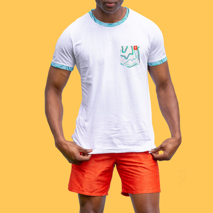 niantic supply ringer tee peaks and valleys on male model with yellow background